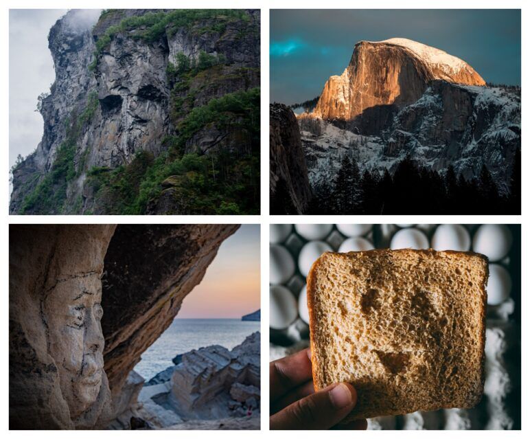 Four photos showing hidden faces in rocks, trees, and toast