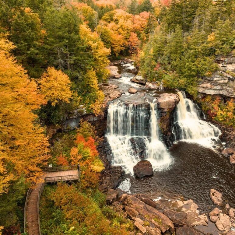 A beautiful outdoor shot from the sky of a waterfall surrounded by trees. The leaves on many of the trees have changed to orange