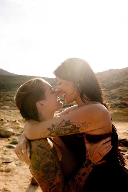 Kirstie Pike and Christine Diaz embrace upon arriving for a hike at The Cape of Good Hope, Cape Town.