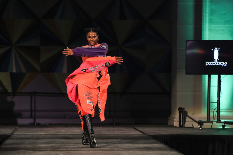 A model wears an outfit from FreeMen by Mickey at the dapperQ fasion show during New York Fashion Week