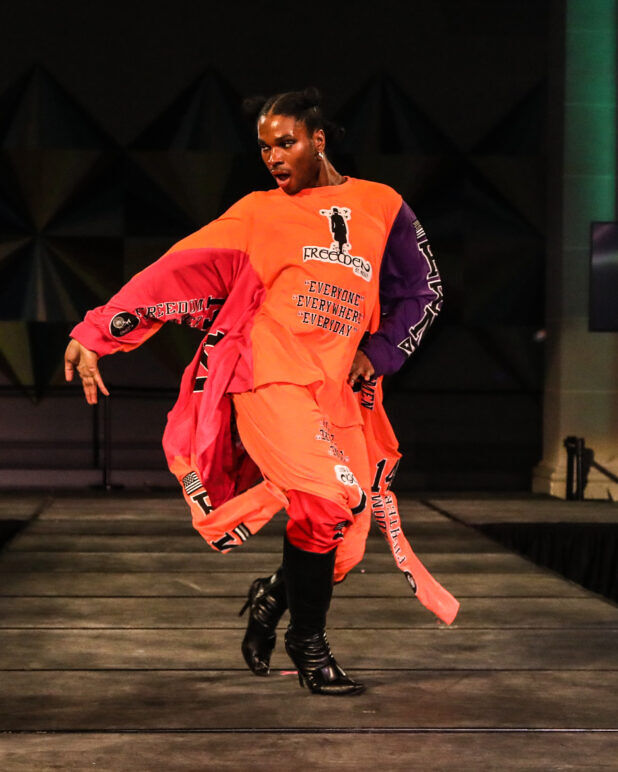 A model wears an outfit from FreeMen by Mickey at the dapperQ fasion show during New York Fashion Week