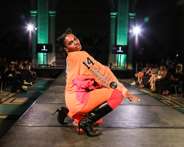 A model wears an outfit from FreeMen by Mickey at the dapperQ fasion show during New York Fashion Week