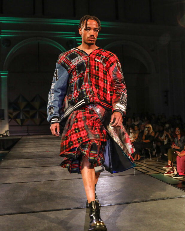 A model wears an outfit from FreeMen by Mickey at the dapperQ fasion show during New York Fashion Week