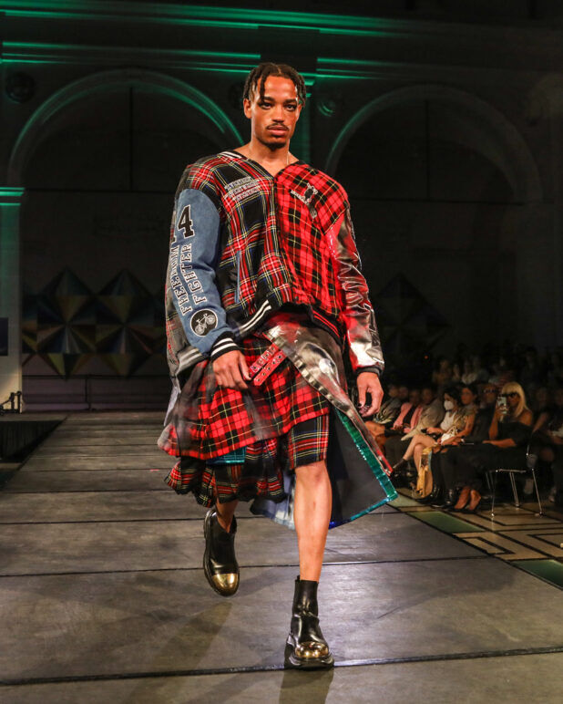 A model wears an outfit from FreeMen by Mickey at the dapperQ fasion show during New York Fashion Week