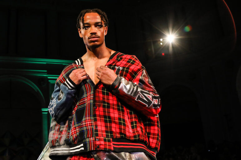 A model wears an outfit from FreeMen by Mickey at the dapperQ fasion show during New York Fashion Week