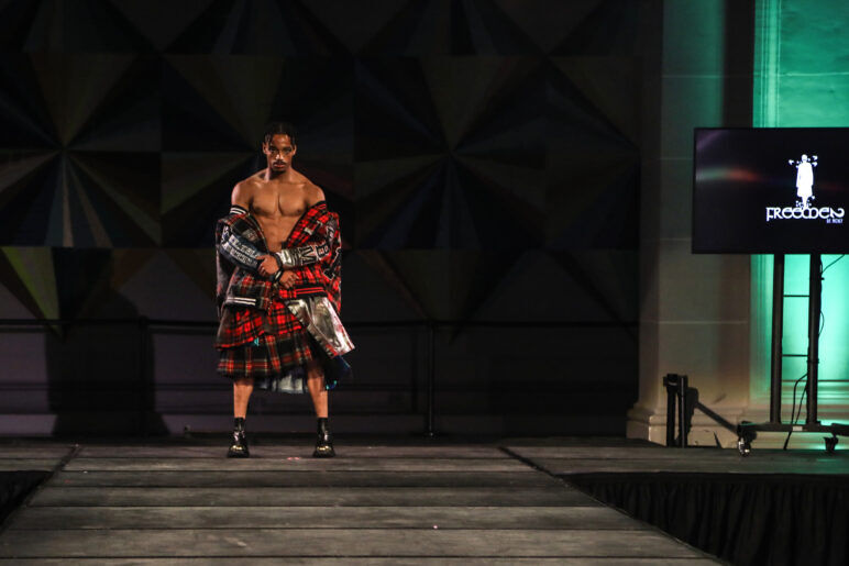 A model wears an outfit from FreeMen by Mickey at the dapperQ fasion show during New York Fashion Week