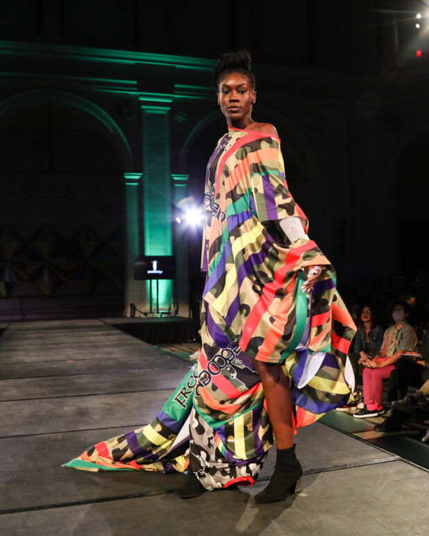 A model wears an outfit from FreeMen by Mickey at the dapperQ fasion show during New York Fashion Week