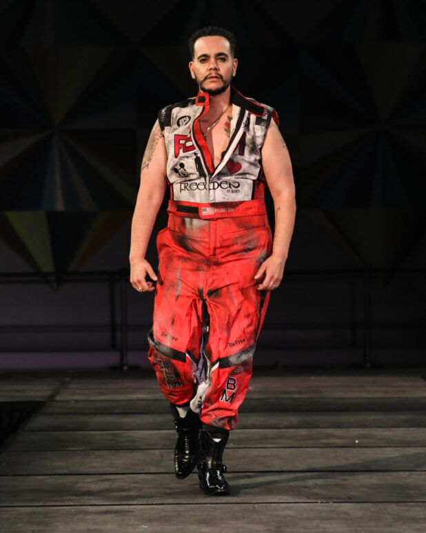A model wears an outfit from FreeMen by Mickey at the dapperQ fasion show during New York Fashion Week