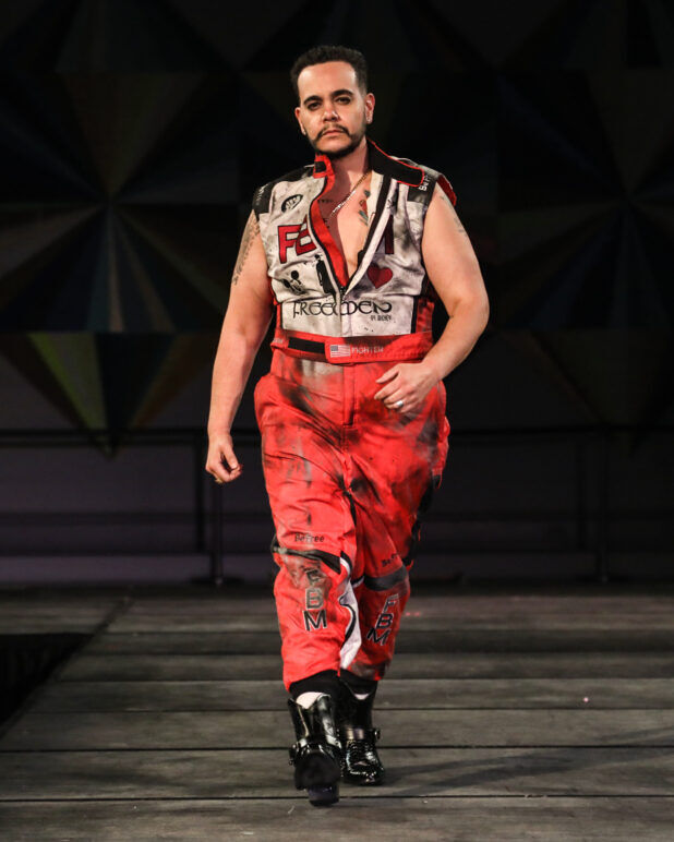 A model wears an outfit from FreeMen by Mickey at the dapperQ fasion show during New York Fashion Week