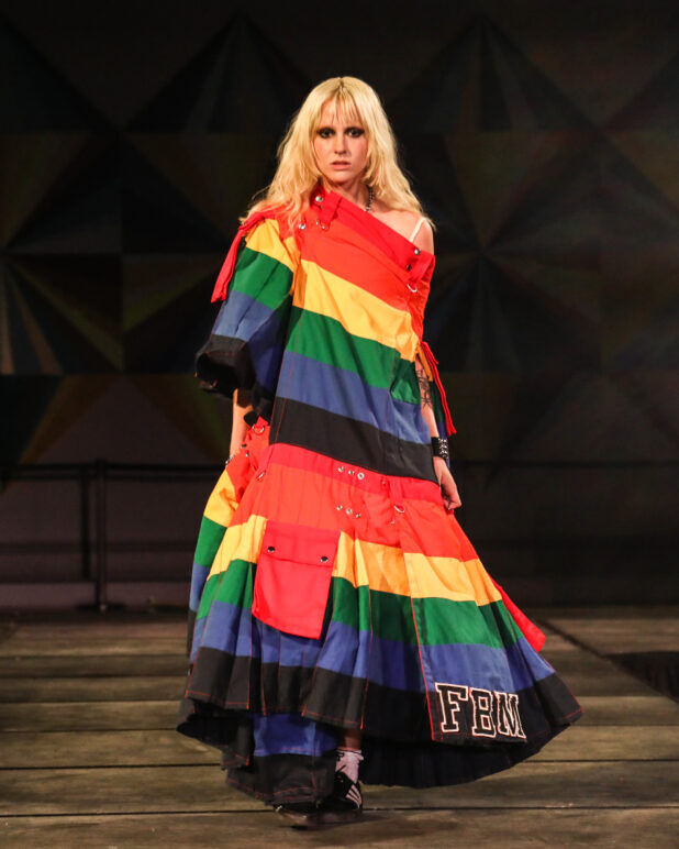 A model wears an outfit from FreeMen by Mickey at the dapperQ fasion show during New York Fashion Week