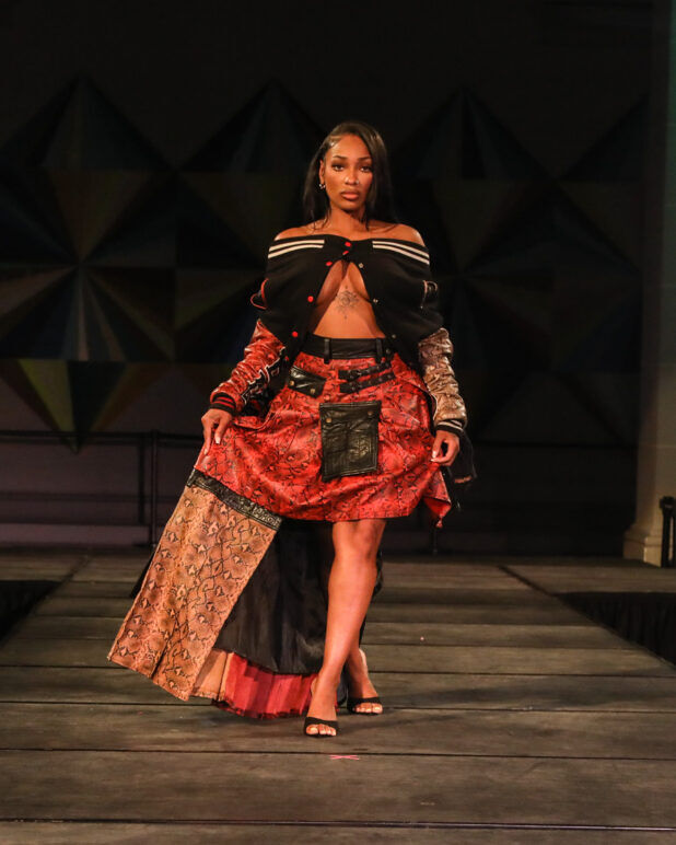 A model wears an outfit from FreeMen by Mickey at the dapperQ fasion show during New York Fashion Week