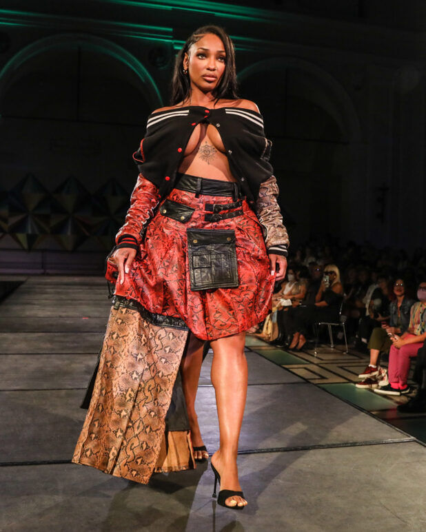 A model wears an outfit from FreeMen by Mickey at the dapperQ fasion show during New York Fashion Week