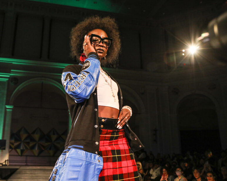 A model wears an outfit from FreeMen by Mickey at the dapperQ fasion show during New York Fashion Week