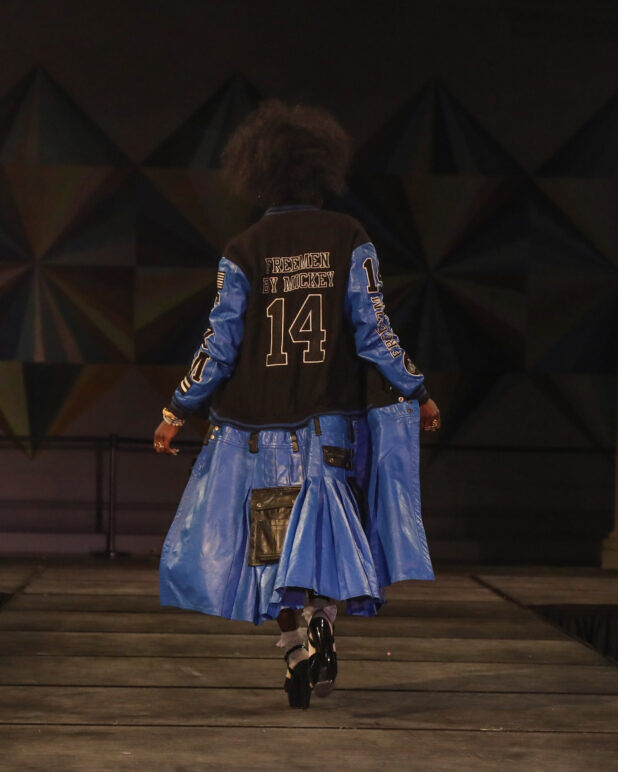 A model wears an outfit from FreeMen by Mickey at the dapperQ fasion show during New York Fashion Week