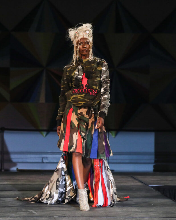 A model wears an outfit from FreeMen by Mickey at the dapperQ fasion show during New York Fashion Week