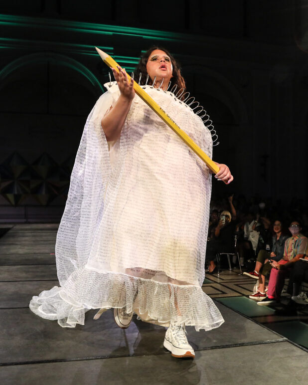 A model wears an outfit from Zoe Grinfeld at the dapperQ fashion show during New York Fashion Week