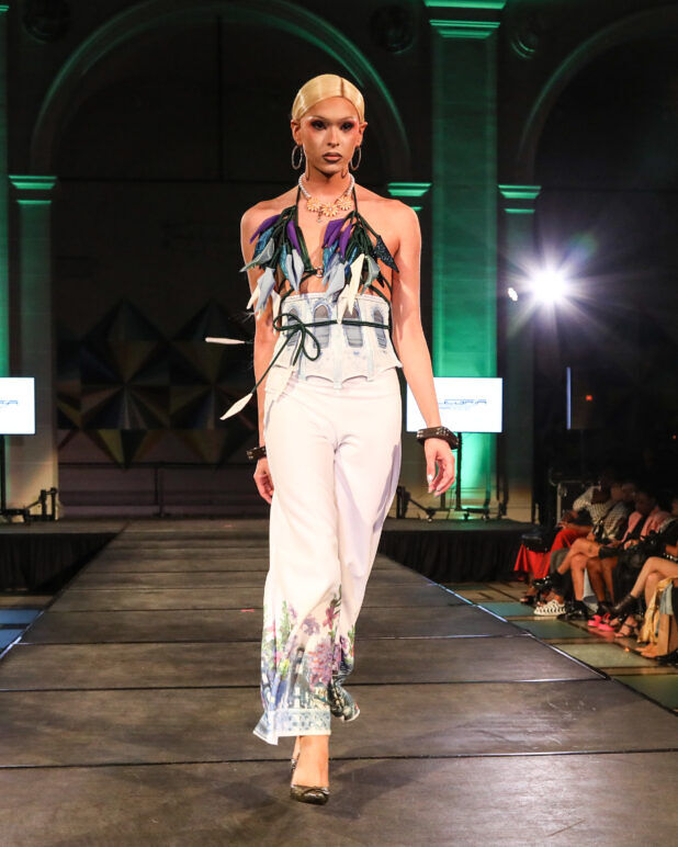 A model wears an outfit from ALEGRÍA at the dapperQ fashion show during New York Fashion Week