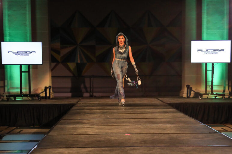 A model wears an outfit from ALEGRÍA at the dapperQ fashion show during New York Fashion Week