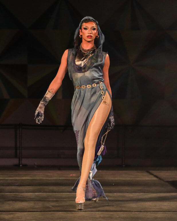 A model wears an outfit from ALEGRÍA at the dapperQ fashion show during New York Fashion Week