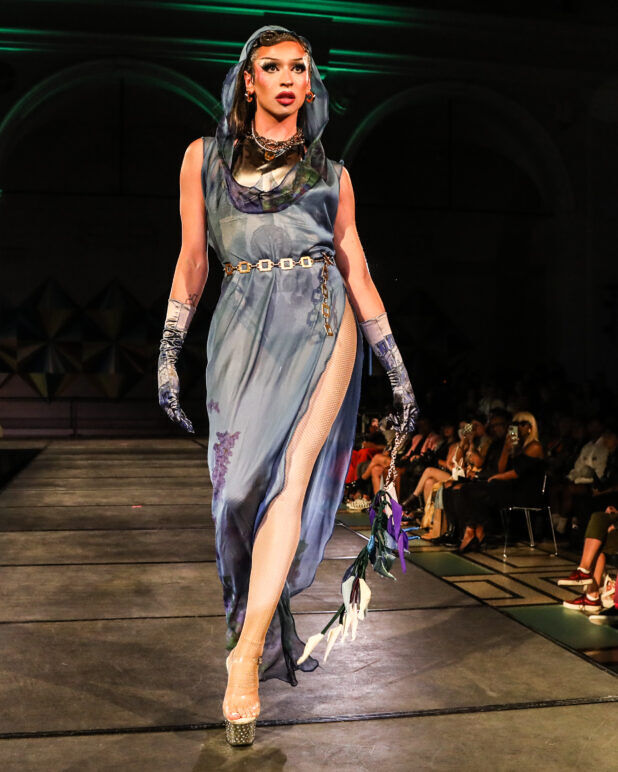 A model wears an outfit from ALEGRÍA at the dapperQ fashion show during New York Fashion Week