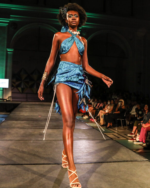 A model wears an outfit from ALEGRÍA at the dapperQ fashion show during New York Fashion Week