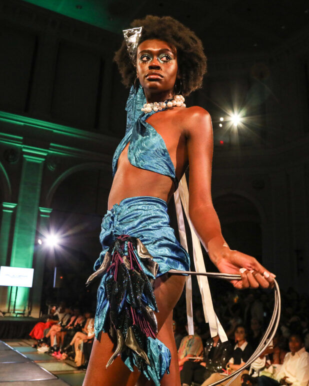 A model wears an outfit from ALEGRÍA at the dapperQ fashion show during New York Fashion Week