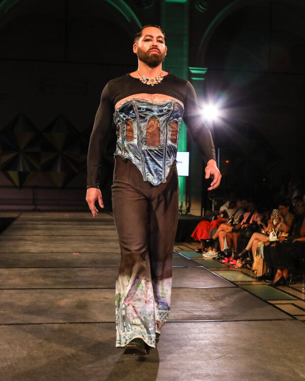 A model wears an outfit from ALEGRÍA at the dapperQ fashion show during New York Fashion Week