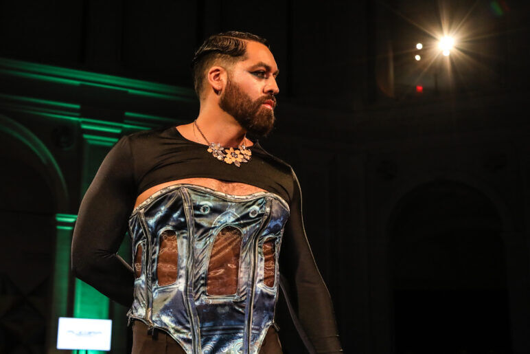 A model wears an outfit from ALEGRÍA at the dapperQ fashion show during New York Fashion Week