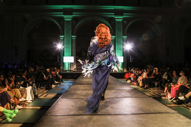 A model wears an outfit from ALEGRÍA at the dapperQ fashion show during New York Fashion Week
