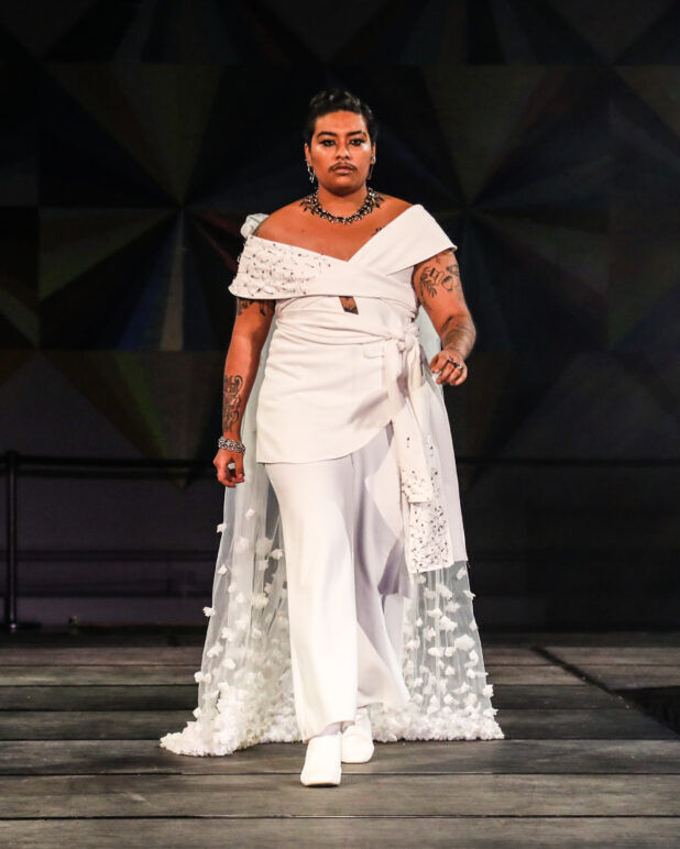 A model wears an outfit from ALEGRÍA at the dapperQ fashion show during New York Fashion Week