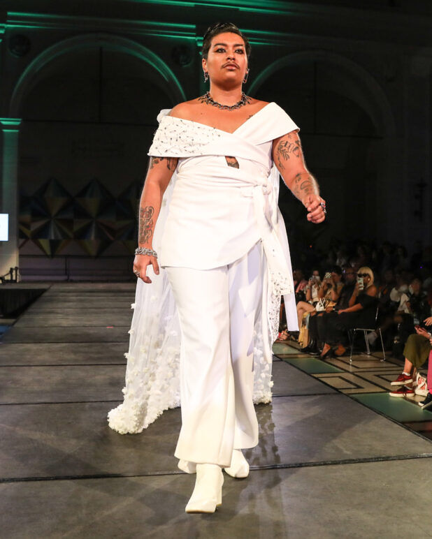 A model wears an outfit from ALEGRÍA at the dapperQ fashion show during New York Fashion Week