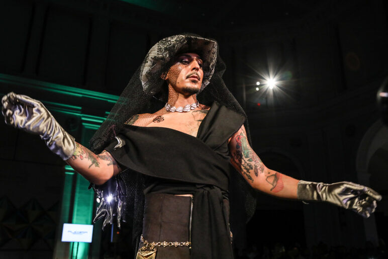 A model wears an outfit from ALEGRÍA at the dapperQ fashion show during New York Fashion Week