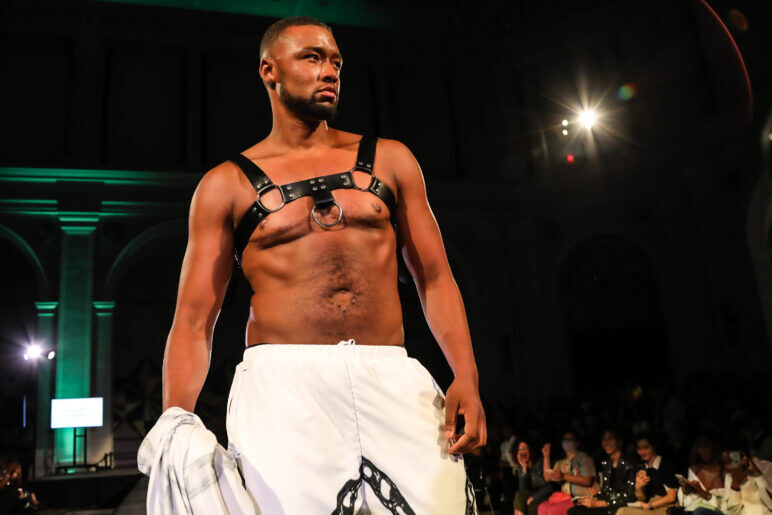 A model wears an outfit from Transguy Supply at the dapperQ fashion show during New York Fashion Week