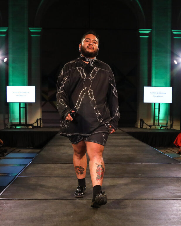A model wears an outfit from Transguy Supply at the dapperQ fashion show during New York Fashion Week
