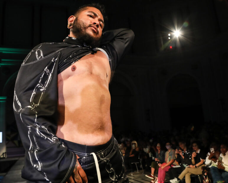 A model wears an outfit from Transguy Supply at the dapperQ fashion show during New York Fashion Week