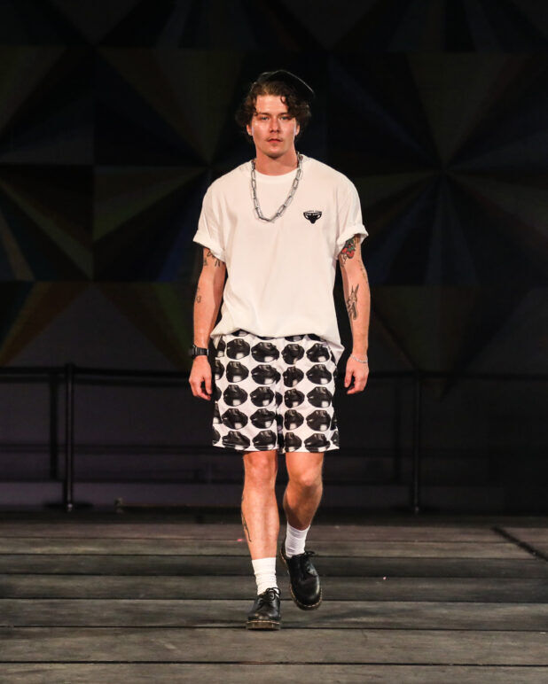 A model wears an outfit from Transguy Supply at the dapperQ fashion show during New York Fashion Week