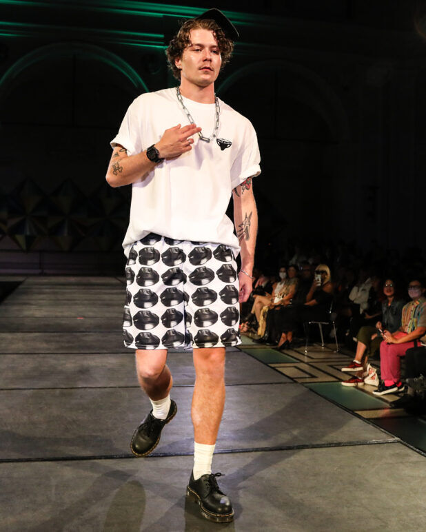 A model wears an outfit from Transguy Supply at the dapperQ fashion show during New York Fashion Week