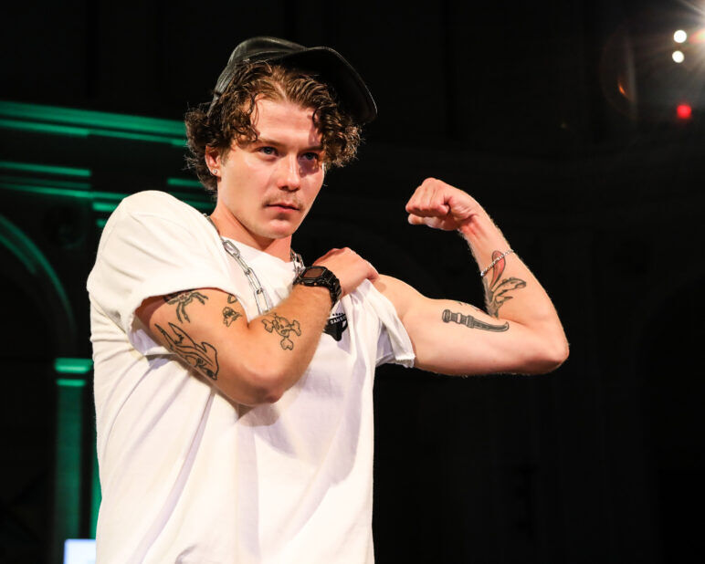 A model wears an outfit from Transguy Supply at the dapperQ fashion show during New York Fashion Week