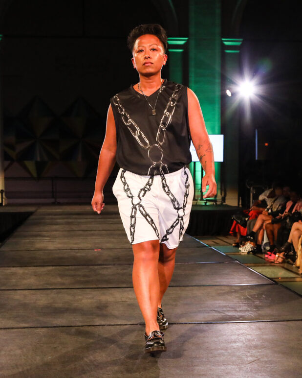A model wears an outfit from Transguy Supply at the dapperQ fashion show during New York Fashion Week