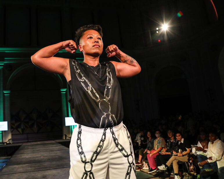 A model wears an outfit from Transguy Supply at the dapperQ fashion show during New York Fashion Week