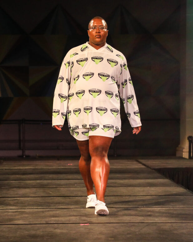 A model wears an outfit from Transguy Supply at the dapperQ fashion show during New York Fashion Week