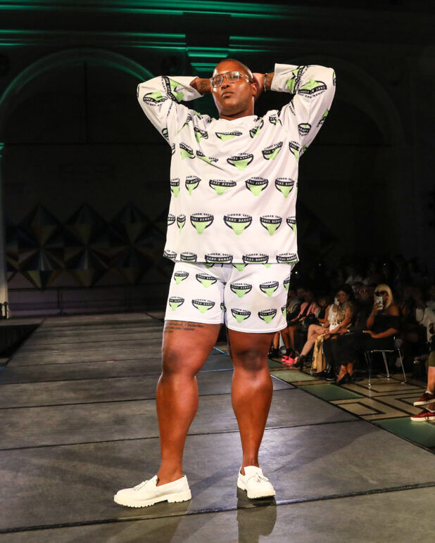 A model wears an outfit from Transguy Supply at the dapperQ fashion show during New York Fashion Week