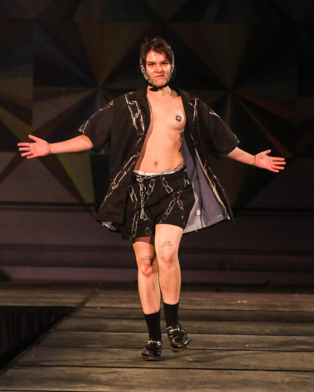 A model wears an outfit from Transguy Supply at the dapperQ fashion show during New York Fashion Week