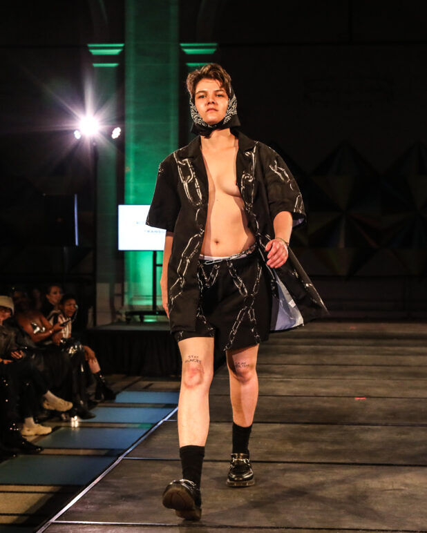 A model wears an outfit from Transguy Supply at the dapperQ fashion show during New York Fashion Week