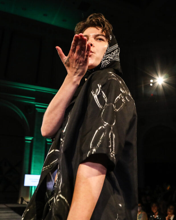 A model wears an outfit from Transguy Supply at the dapperQ fashion show during New York Fashion Week