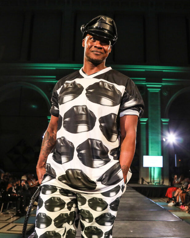 A model wears an outfit from Transguy Supply at the dapperQ fashion show during New York Fashion Week