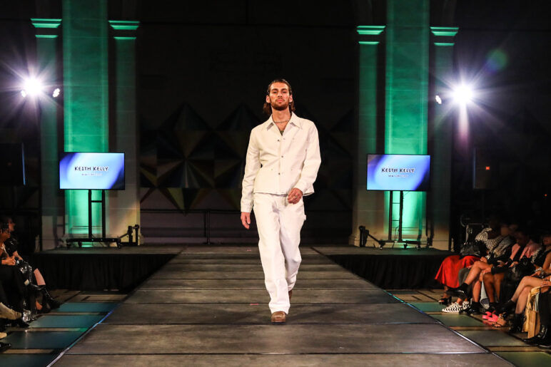 A model wears an outfit from KEITH KELLY at the dapperQ fashion show during New York Fashion Week