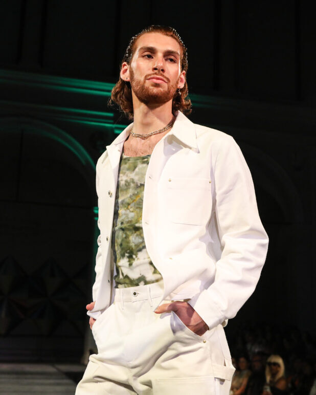 A model wears an outfit from KEITH KELLY at the dapperQ fashion show during New York Fashion Week