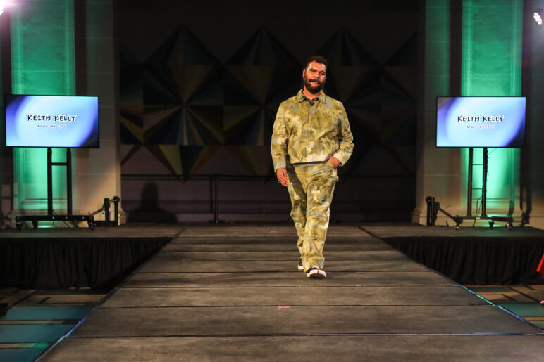A model wears an outfit from KEITH KELLY at the dapperQ fashion show during New York Fashion Week