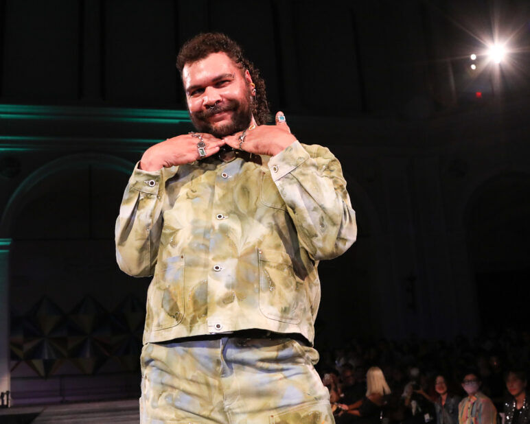 A model wears an outfit from KEITH KELLY at the dapperQ fashion show during New York Fashion Week